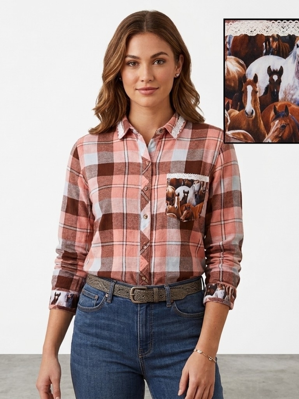 Western Cowgirl Plaid Flannel Shirt L/XL 100% Cotton Lace Collar Horse Pocket